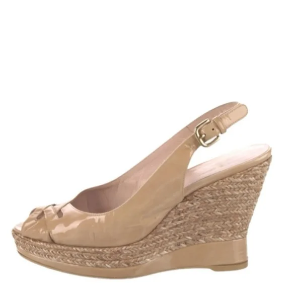 Stuart Weitzman Patent Leather Slingback Woven Wedge Platform Wedges - Picture 2 of 16